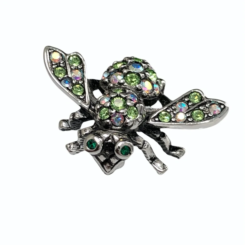 JOAN RIVERS CLEAR AURORA BOREALIS & GREEN CRYSTALS SILVER TONE BUMBLEBEE BROOCH